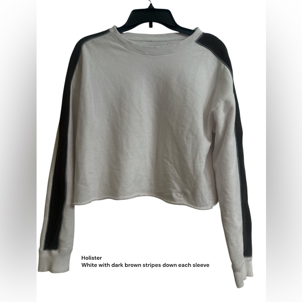 Hollister Women's White Sweatshirt with Black Sleeve Stripes